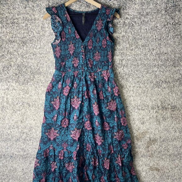 By Anthropologie Dress Womens Small Blue Teal Floral Smocked Flutter Maxi Lined - Picture 1 of 8